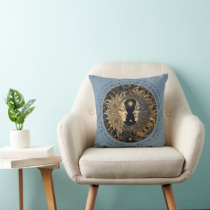 Celestial Sun Moon Custom Quote Blue Round Pillow