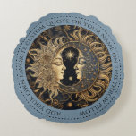 Celestial Sun Moon Custom Quote Blue Round Pillow<br><div class="desc">Celestial throw pillow, featuring a captivating illustration of ancient sun and moon faces, intricately designed with a blend of ancient mystique and elegance. The sun, radiant and powerful, exudes warmth with its golden hues, while the moon, serene and enigmatic, emanates a soft, blue glow. Their expressions are timeless, embodying the...</div>