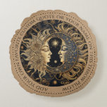 Celestial Sun Moon Custom Quote Round Pillow<br><div class="desc">Celestial throw pillow, featuring a captivating illustration of ancient sun and moon faces, intricately designed with a blend of ancient mystique and elegance. The sun, radiant and powerful, exudes warmth with its golden hues, while the moon, serene and enigmatic, emanates a soft, blue glow. Their expressions are timeless, embodying the...</div>