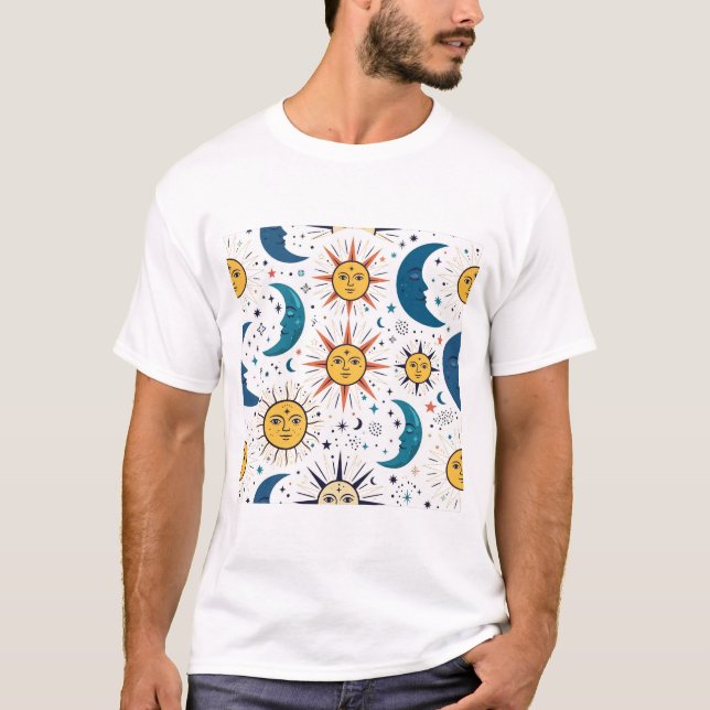 Celestial Sun Moon Faces Vintage Pattern T-Shirt (Front)