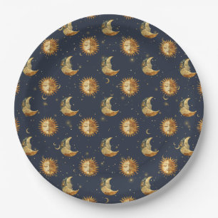 Celestial Sun & Moon Gold Starry Night Pattern (1) Paper Plate