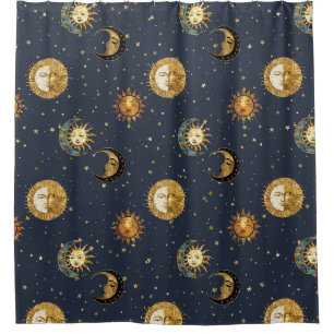 Celestial Sun & Moon Gold Starry Night Pattern (2) Shower Curtain