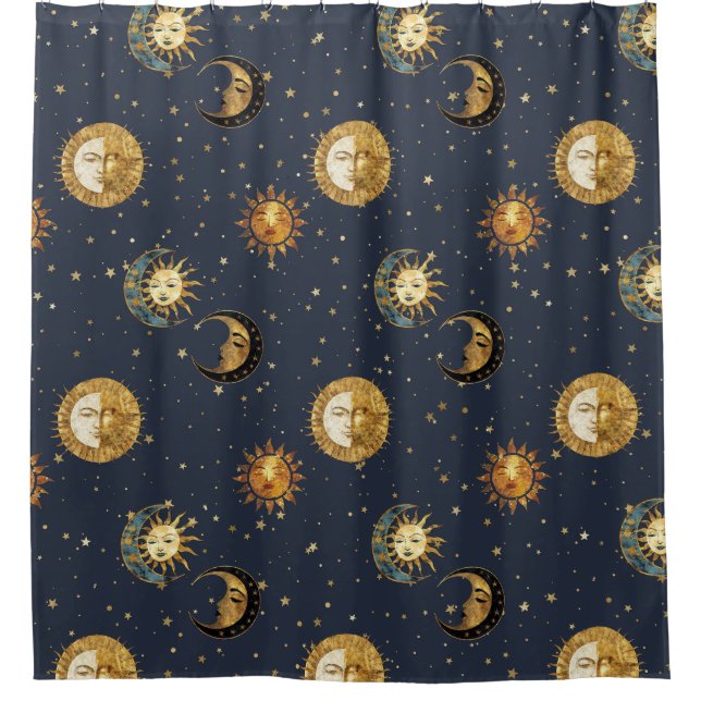 Celestial Sun & Moon Gold Starry Night Pattern (2) Shower Curtain (Front)