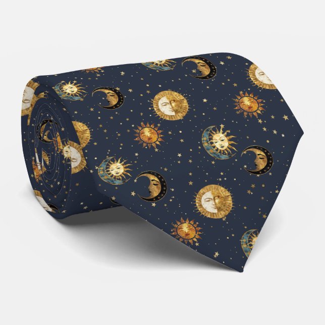 Celestial Sun & Moon Gold Starry Night Pattern (2) Tie (Rolled)