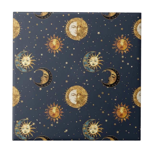 Celestial Sun & Moon Gold Starry Night Pattern (2) Tile (Front)