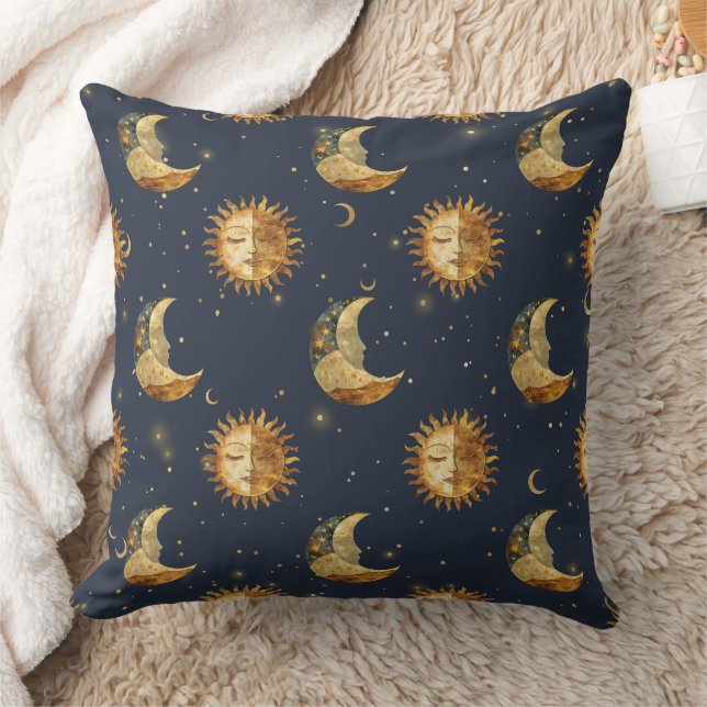 Celestial Sun & Moon Gold Starry Night Pattern Cushion (Blanket)