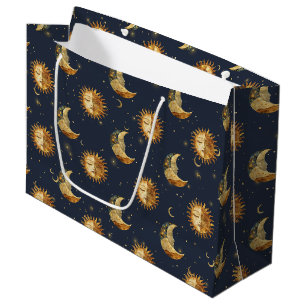 Celestial Sun & Moon Gold Starry Night Pattern Large Gift Bag