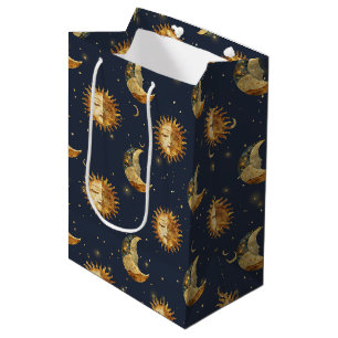 Celestial Sun & Moon Gold Starry Night Pattern Medium Gift Bag