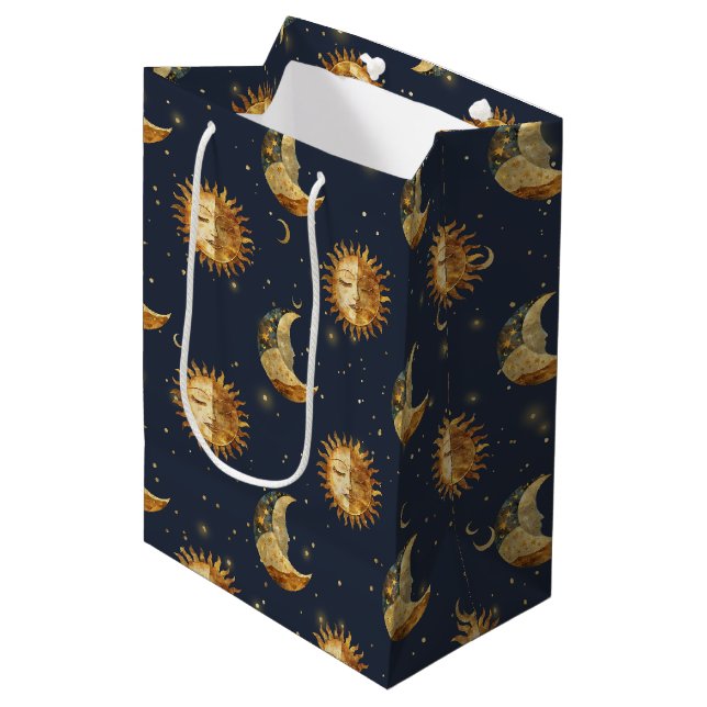 Celestial Sun & Moon Gold Starry Night Pattern Medium Gift Bag (Front Angled)