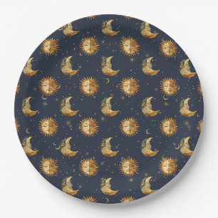 Celestial Sun & Moon Gold Starry Night Pattern Paper Plate