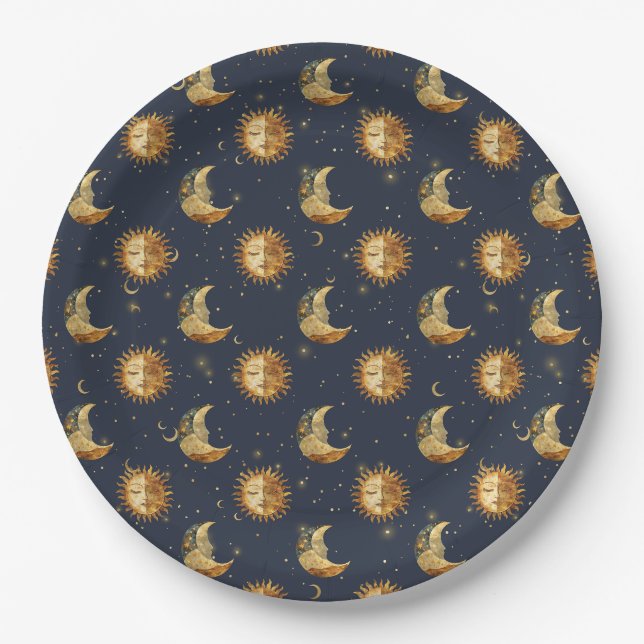Celestial Sun & Moon Gold Starry Night Pattern Paper Plate (Front)