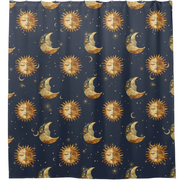 Celestial Sun & Moon Gold Starry Night Pattern Shower Curtain (Front)