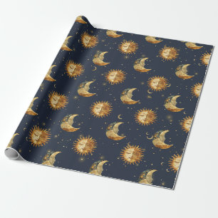Celestial Sun & Moon Gold Starry Night Pattern Wrapping Paper