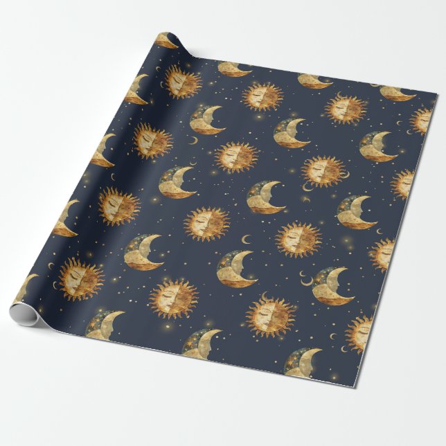 Celestial Sun & Moon Gold Starry Night Pattern Wrapping Paper (Unrolled)