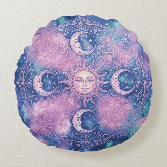 Celestial Sun & Moon Mandala Galaxy Nebula Round Cushion (Front)