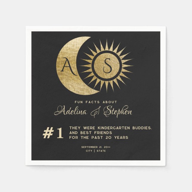 Celestial Sun Moon Monogram Crest Gold Fun Facts Napkin (Front)