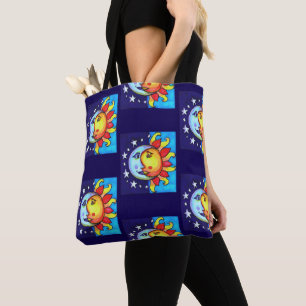 Celestial Sun Moon Nineties Style Pattern Tote Bag