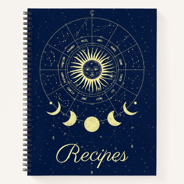 Celestial Sun Moon Phases Zodiac Recipe Notebook (Front)