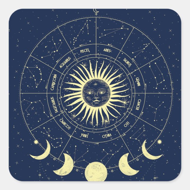 Celestial Sun Moon Phases Zodiac Square Sticker (Front)