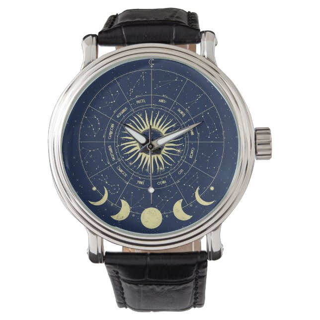 Celestial Sun Moon Phases Zodiac Watch (Front)