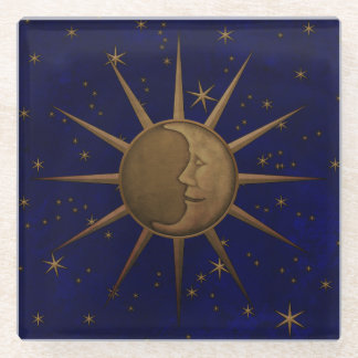Celestial Sun Moon Starry Night Glass Coaster