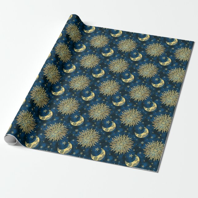 Celestial Sun Moon Stars Blue Gold Tarot Wrapping Paper (Unrolled)