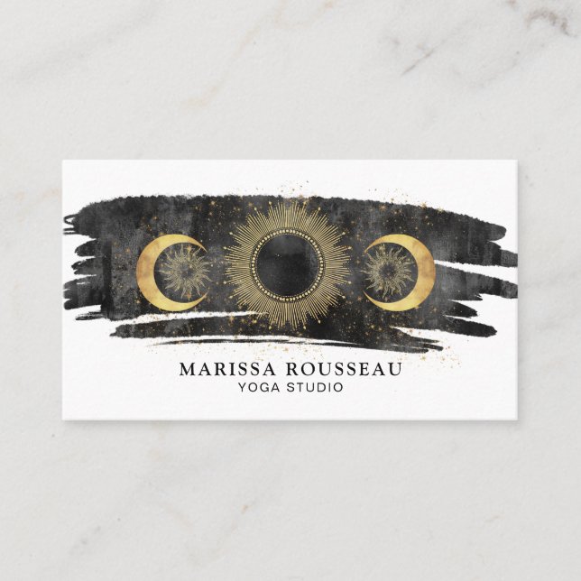 Celestial Sun Moon Stars Gold Black White Yoga  Business Card (Front)