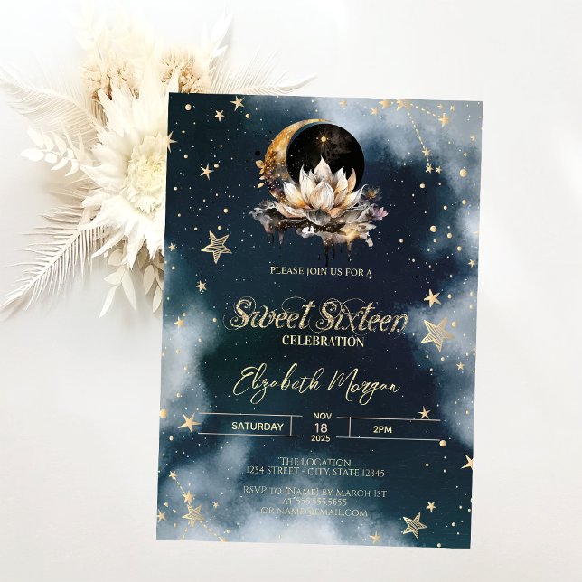 Celestial Sun,Moon,Stars Lotus Sky Sweet 16 Invitation (Creator Uploaded)