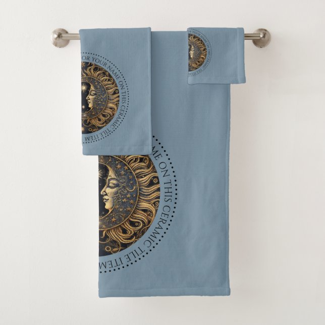 Celestial Sun Moon Stars Midnight Sky Personalised Bath Towel Set (Insitu)