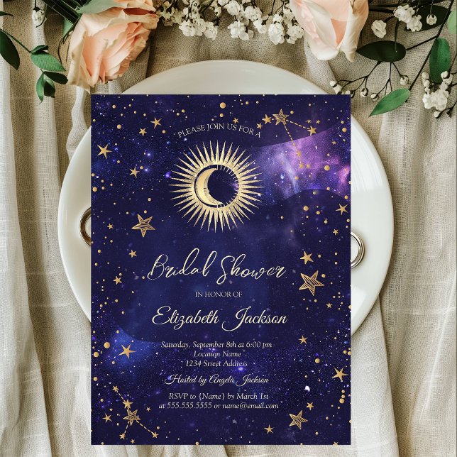 Celestial Sun,Moon,Stars Purple Bridal Shower Invitation (Creator Uploaded)