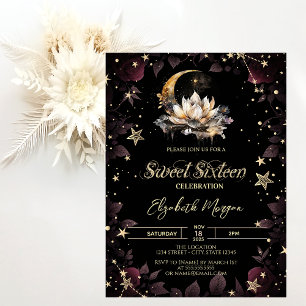 Celestial Sun,Moon,Stars Roses Sweet 16 Invitation