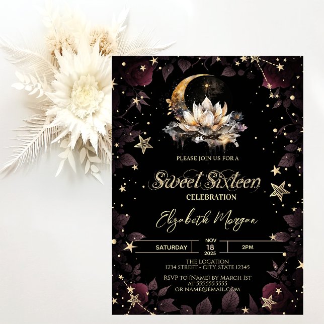 Celestial Sun,Moon,Stars Roses Sweet 16 Invitation (Creator Uploaded)