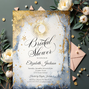Celestial Sun,Moon,Stars Watercolor Gold  Invitation