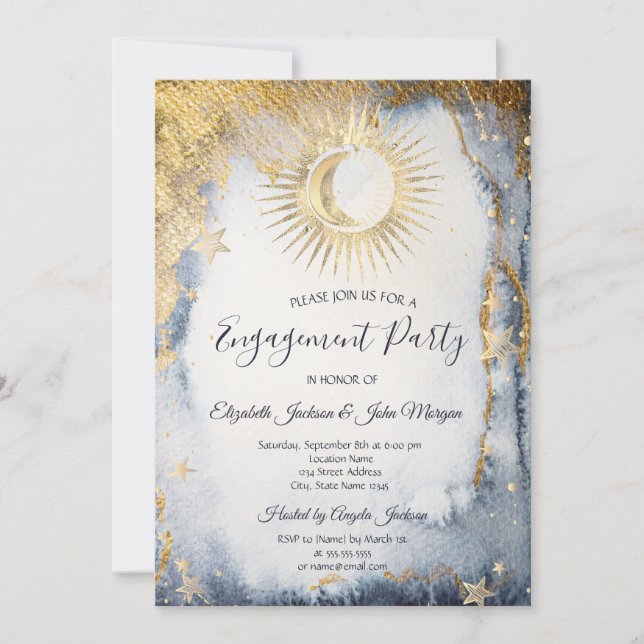 Celestial Sun,Moon,Stars Watercolor  Invitation (Front)