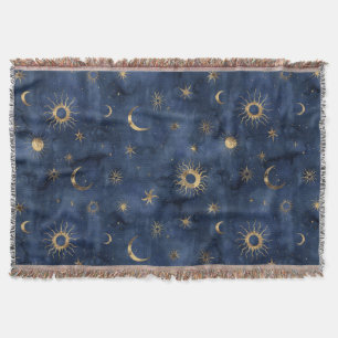 Celestial Sun Moon & Stars Watercolor Pattern Throw Blanket