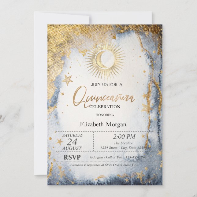 Celestial Sun,Moon,Stars Watercolor Quinceanera Invitation (Front)