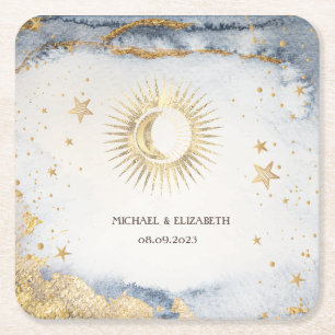 Celestial Sun,Moon,Stars Watercolor Square Paper Coaster