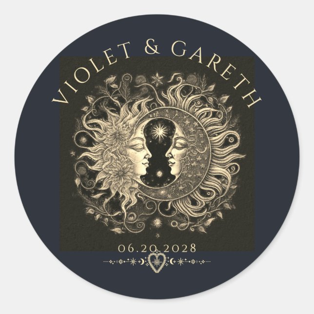 Celestial Sun Moon Stars Wedding  Classic Round Sticker (Front)