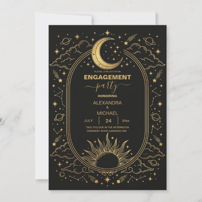Celestial Sun Moon Wedding Invitation Black Gold (Front)