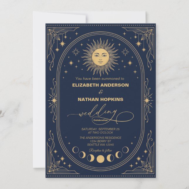 Celestial Sun Moon Wedding Invitation Gold Navy (Front)