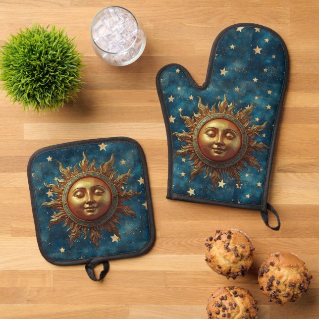 Celestial Sun Oven Mitt & Pot Holder Set (Top Down)