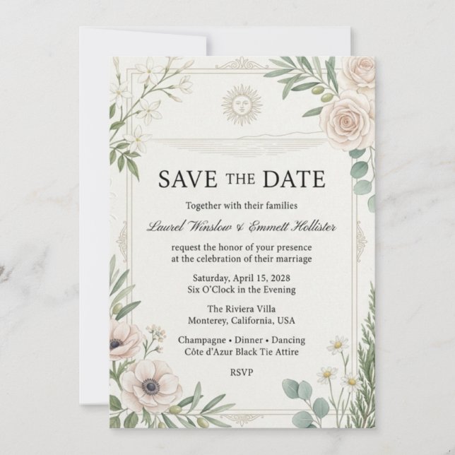 Celestial Sun, Roses, Anemones, Olive Branches, Eu Invitation (Front)