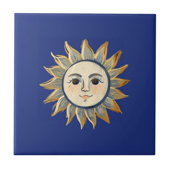 Celestial Sun with Face Gold and Dark Blue Tile (Front)