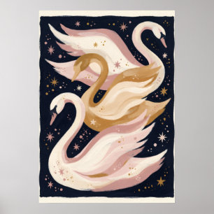 Celestial Swan Trio Navy Blush Folk Art Poster