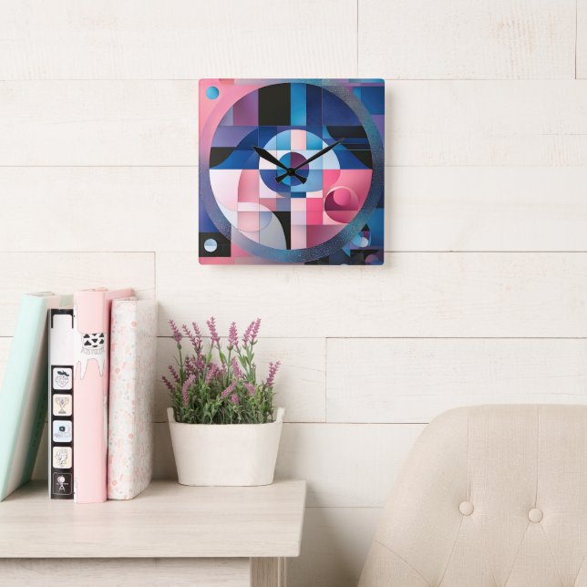 Celestial Symmetry: Geometric Shapes Blues & Pink Square Wall Clock (Reading Room)
