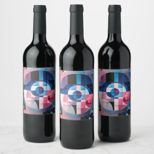 Celestial Symmetry: Geometric Shapes Blues & Pink Wine Label
