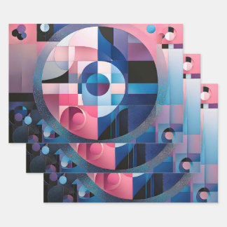Celestial Symmetry: Geometric Shapes Blues & Pink Wrapping Paper Sheet