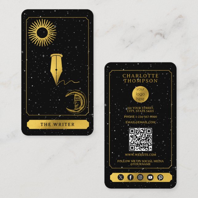 Celestial Tarot Logo Black Gold Writer Author Business Card (Front/Back)