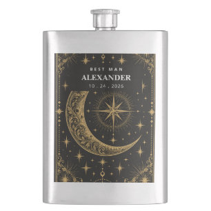 Celestial Tarot Moon Gold Groomsmen Matte Black Hip Flask
