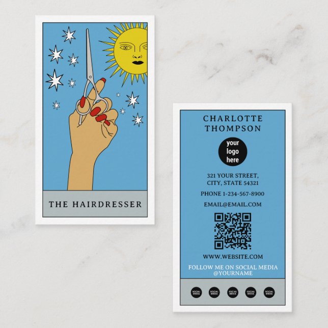 Celestial Tarot Sun Hairdresser Hair Salon Logo Business Card (Front/Back)